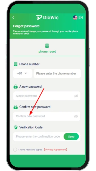 Confirm new password to reset